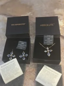 Authentic Technibond Absolute Sterling Gold Plated Cross Necklace And Earrings Set Blue