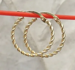 Authentic Technibond Cute Twisted Round Hoop Earrings 14K Yellow Gold Plated 925 Silver