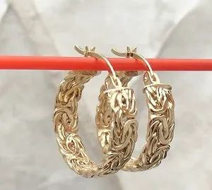 Authentic 18mm Technibond Flat Byzantine Hoop Earrings 14K Yellow Gold Plated Silver