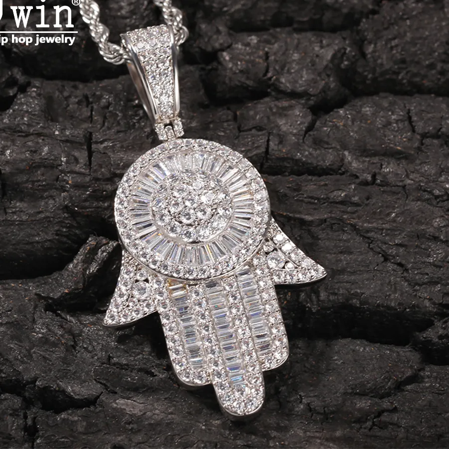 Authentic Uwin Hand Of Fatima Pendant Full Iced Out Charm With Tennis Chain Statement Necklace Men Women Hip Hop Chains For Jewelry