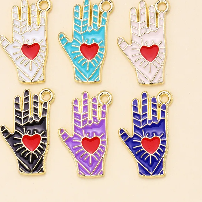 Authentic 10Pcs Enamel Hamsa Hand Fatima Palm Red Heart Charms Pendant for Necklace Bracelet Design Jewelry DIY Making Accessories