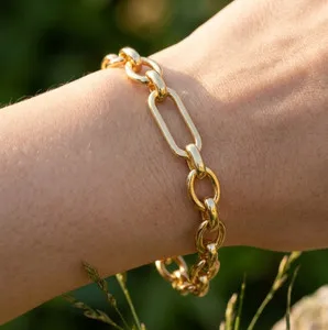 Authentic Premium 18K Gold Plated Alternating Paperclip Oval Link Chain Bracelet