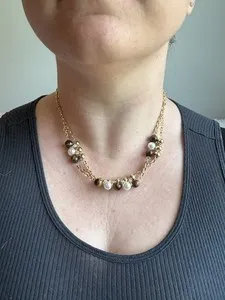 Authentic Cat Eye & Pearl Layered Statement Necklace, Premium Gold Plated Collar Bib Style