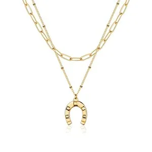 Authentic Gold Layered Choker Necklace for Women, 18K Gold Plated Dainty Horseshoe Pendant