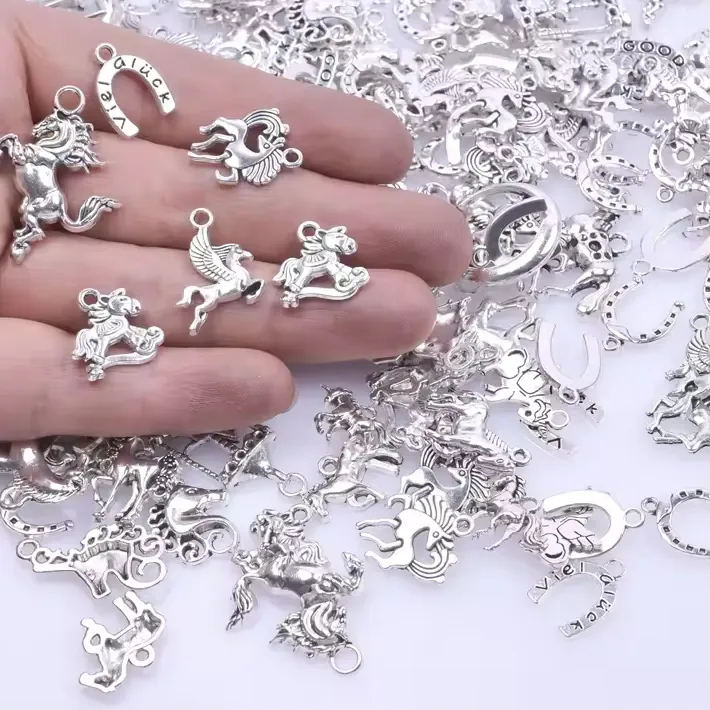 Authentic 30/50/100pcs Mix Horseshoe Charms Pony Pendant Horse Head Antique Silver Color Accessories diy Jewelry Making Material
