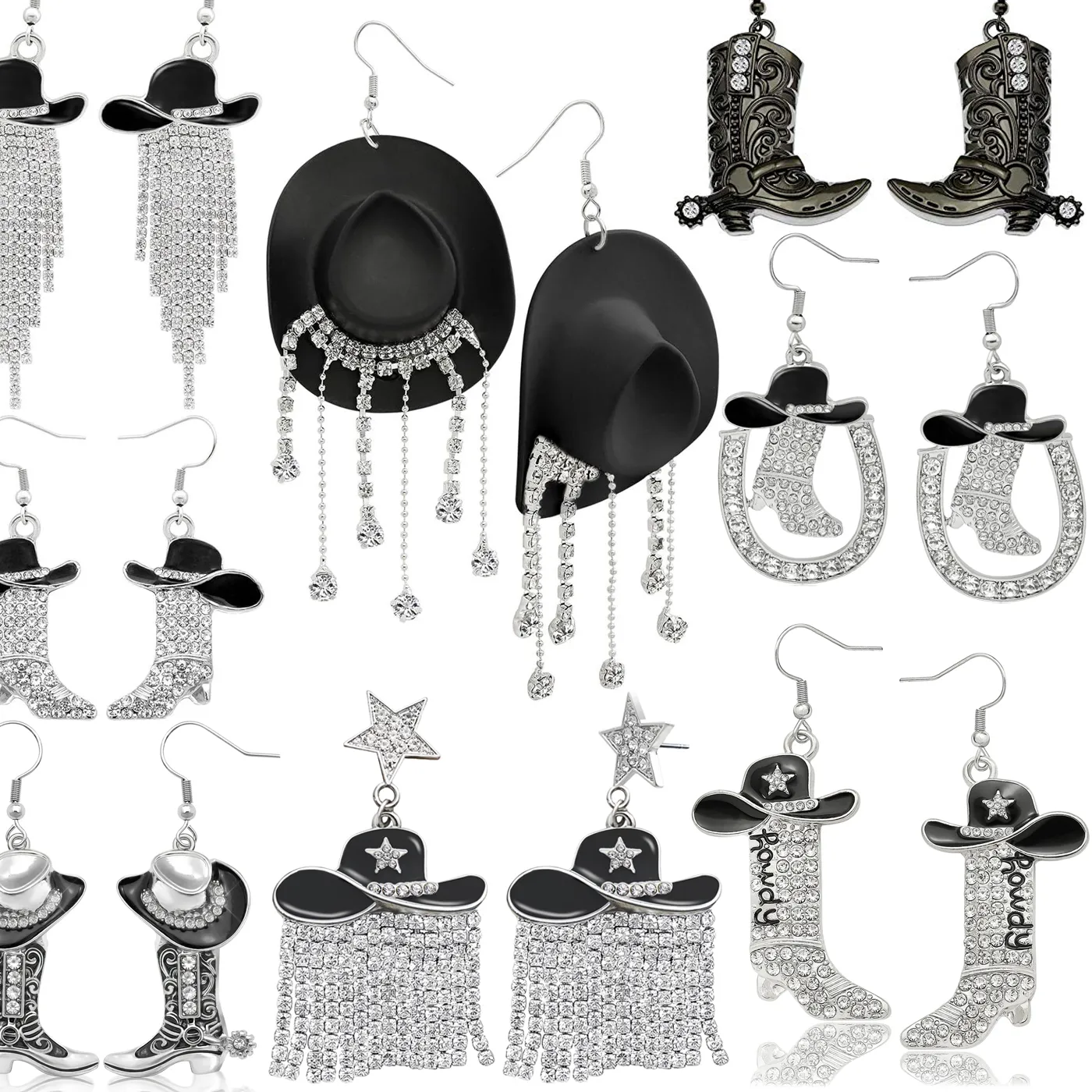 Authentic Retro Black Western Cowboy Hat Shoes Tassel Cow Head Horseshoe Pendant Earrings for Women Vintage Cowgirl Drop Earrings Jewelry