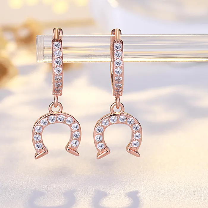 Authentic Handmade Horseshoe Earrings Mini U Shape Dangle Micro Paved Zircon Hoop Earring Lucky Jewelry for Women Girls