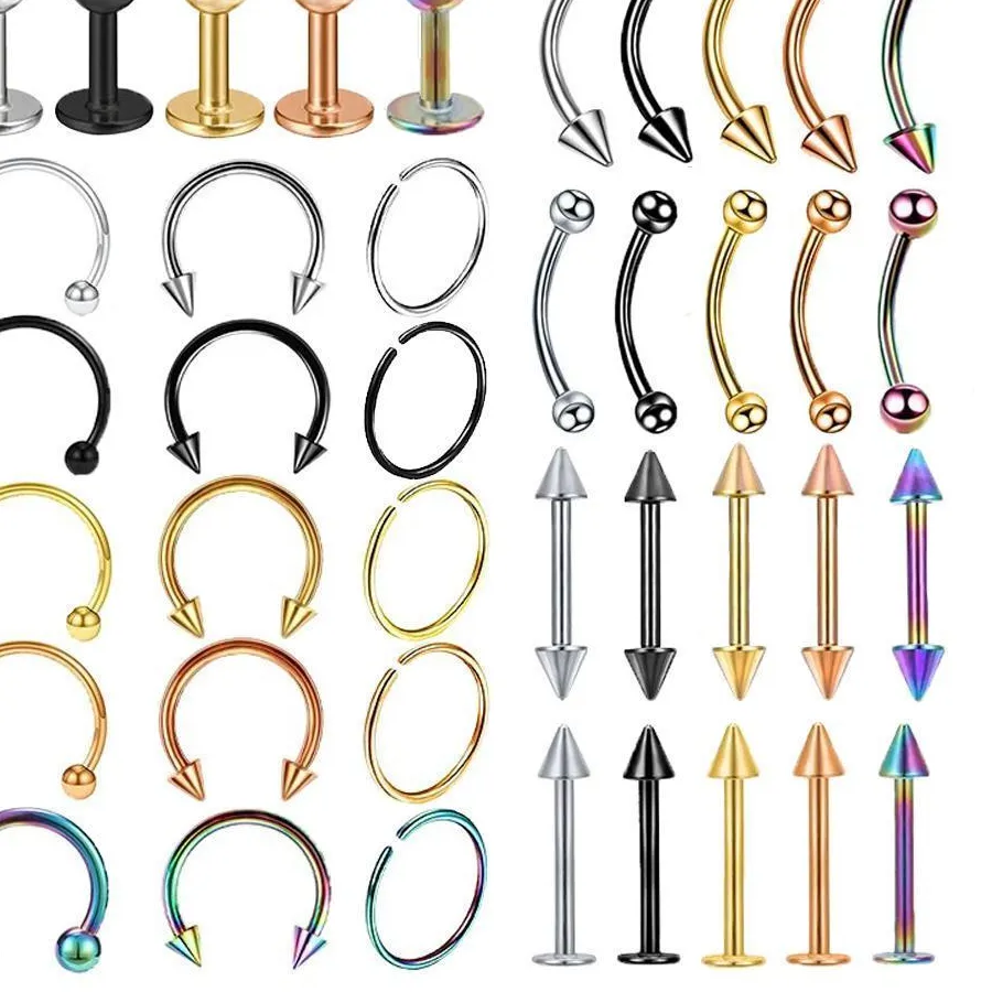 Authentic 5Pcs/40Pcs Surgical Body Piercing Jewelry Bulk Nose Ring Tongue Bar Eyebrow Piercing Set Horseshoe Ring For Men and Women
