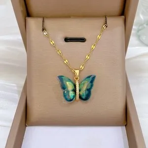 Authentic Blue Butterfly Necklace 18K Gold Plated Cubic Zirconia Wing