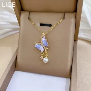 Authentic Blue Butterfly Necklace 18K Gold Plated Faux Pearl Pendant