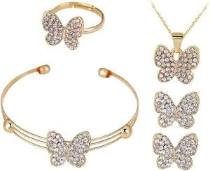 Authentic 18K Gold Plated Rhinestone Butterfly Jewelry Set Necklace Bracelet Ring Earrings
