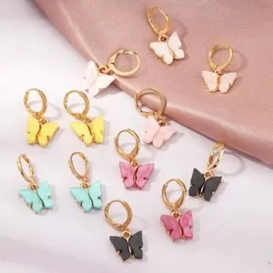 Authentic Women Girl Faux Opal Butterfly Dangle Drop Earrings Hoop Huggie Gold Plated E50