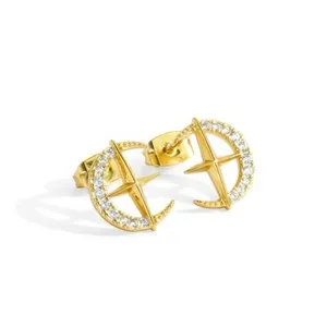 Authentic 18K Gold Plated stud earrings, CZ pave moon starburst earrings JWCY110