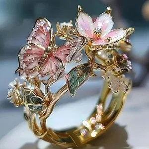 Authentic Butterfly Flower Adjustable Ring Gold Plated Crystal Floral Ring for Women