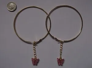 Authentic BRAND GOLD PLATED LARGE HOOP WITH A PINK BUTTERFLY HANGING ON HOOP