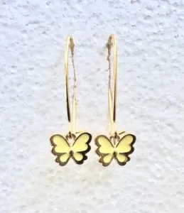 Authentic 18k Gold Plated Yellow Butterfly Dangle Earrings, Oversize Hook, With Box