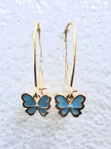 Authentic 18k Gold Plated Sky Blue Butterfly Dangle Earrings, Oversize Hook, With Box
