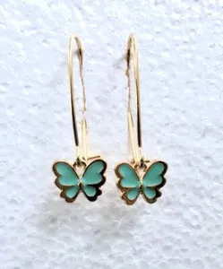 Authentic 18k Gold Plated Mint Green Butterfly Dangle Earrings, Oversize Hook, & Box