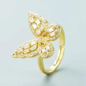 Authentic 18K Gold Plated Open Ring, CZ pave Adjustable Butterfly Ring JWYS44