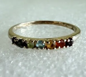 Authentic Gold Plated 925 Silver Rainbow Multi Gemstone Chakra Stackable Band Ring 7.5