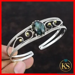 Authentic Third Eye Chakra Oval Labradorite Stone Elegant Bangle 18K Gold Plated Silver