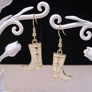 Authentic Beautiful 18k Gold-Plated White Enamel Cowboy Boot Dangle Earrings Lot# B15