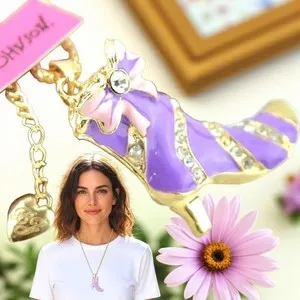 Authentic Gold Plated Purple Crystal Boot Pink Bow Necklace