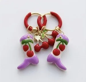 Authentic Western Cowboy Boot Murano Glass Earrings 14K Gold Plated Hoops Cowgirl Charm