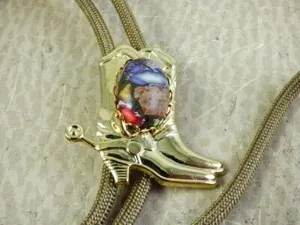 Authentic Jasper & Pyrite Bolo Tie With Gold-Plated Cowboy Boot Slide Great Colors!!