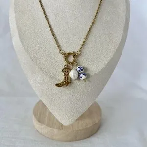 Authentic Gold plated light blue white cowboy boot porcelain charm handmade bead necklace