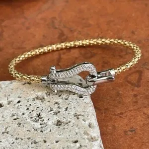 Authentic Gold-Plated Silver Mesh Popcorn Horse Bit Boot Strap Diamond Bangle Bracelet