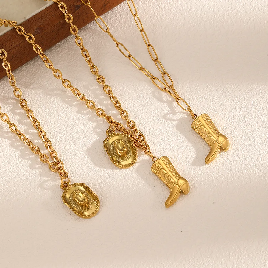 Authentic Personality Design Golden Color Western Cowboy Boots Pendant Necklace for Women Charm Jewelry