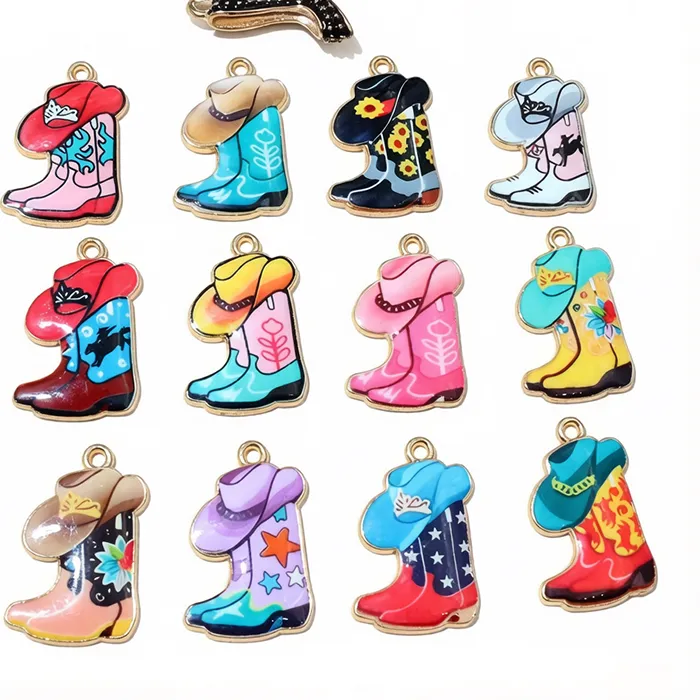 Authentic 10pcs 24x15mm Enamel Western Cowboy Boot Hat Pendant Charms Craft DIY Jewelry Making Accessories for Earrings Necklace