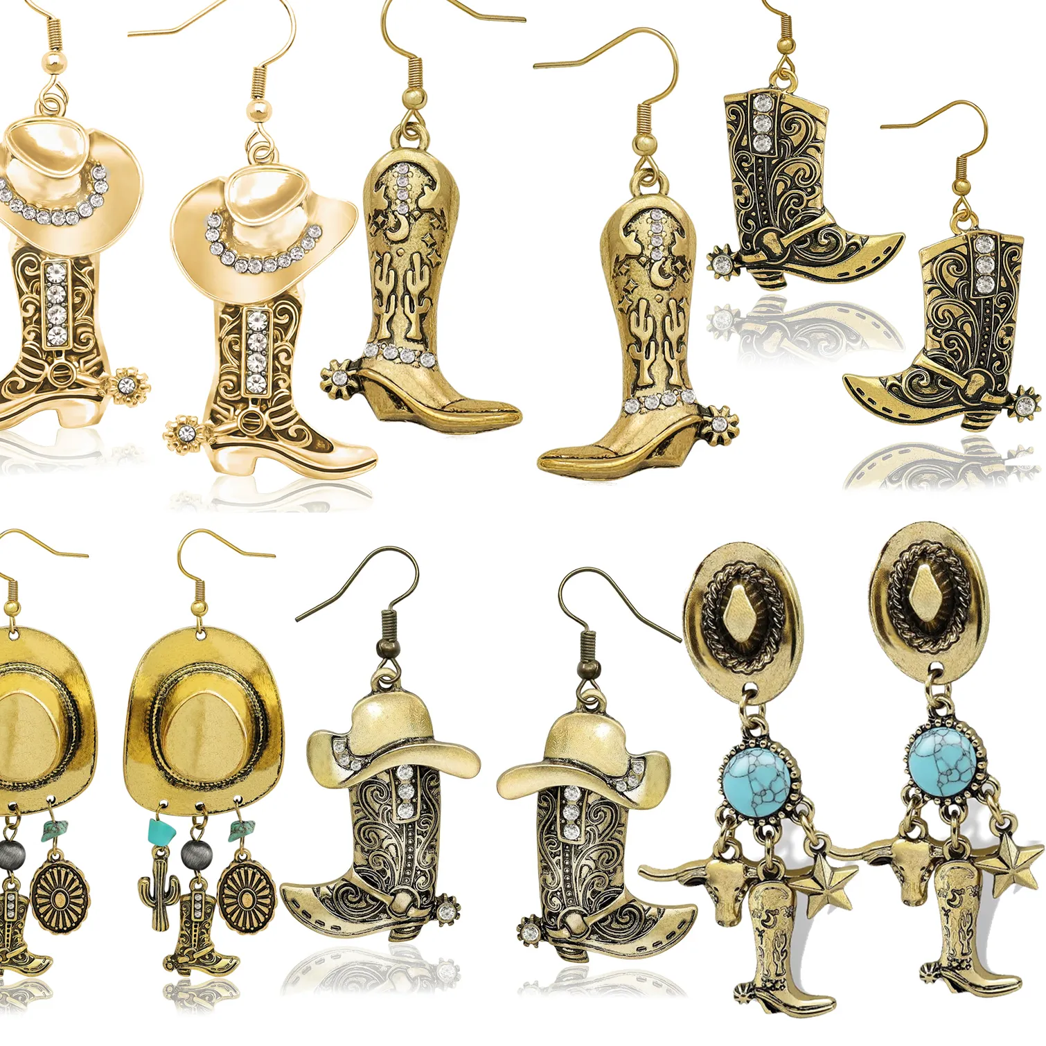 Authentic Vintage Gold Color Western Cowboy Hat Boots Cow Head Earrings for Women Trendy Cowgirl Rodeo Texas Spur Drop Earrings Jewelry