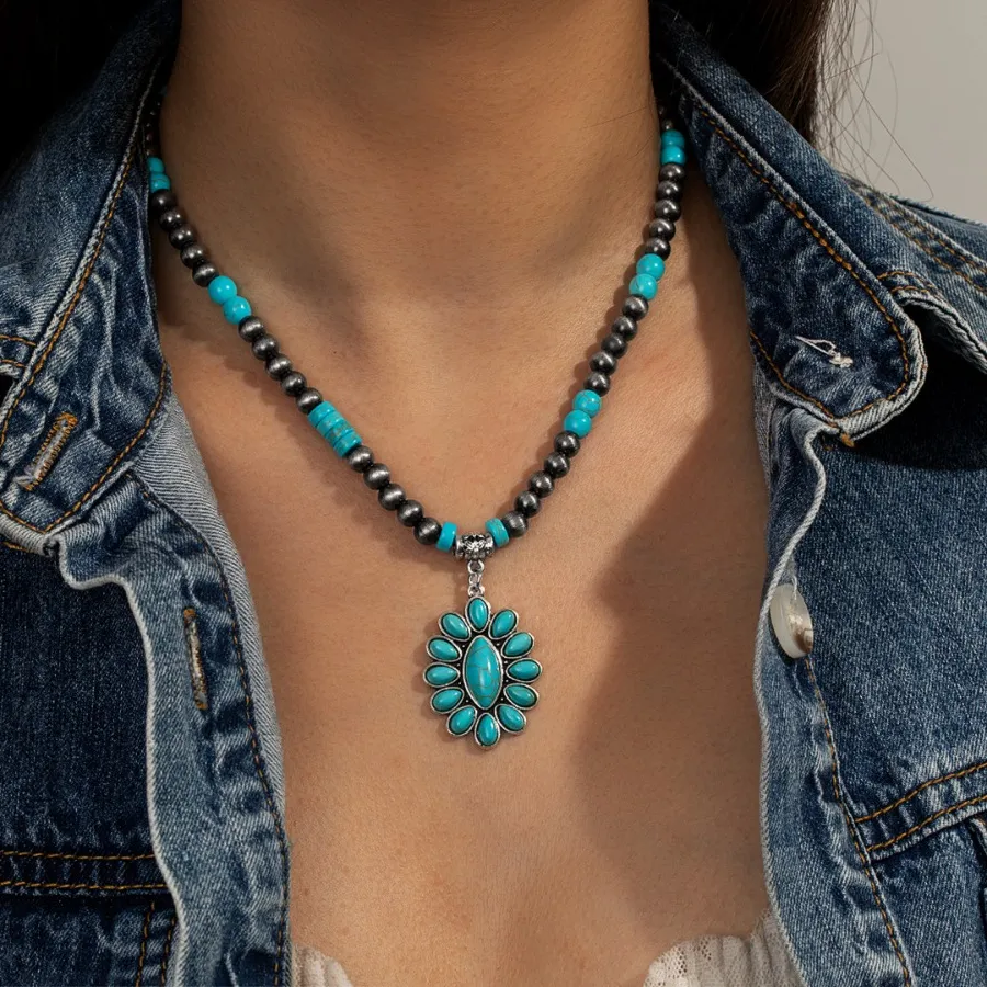 Authentic Retro Ethnic Style Multi Style Teardrop Cowboy Boots Rectangle Cross Floral Turquoise Beaded Necklace for Women Party Jewelry