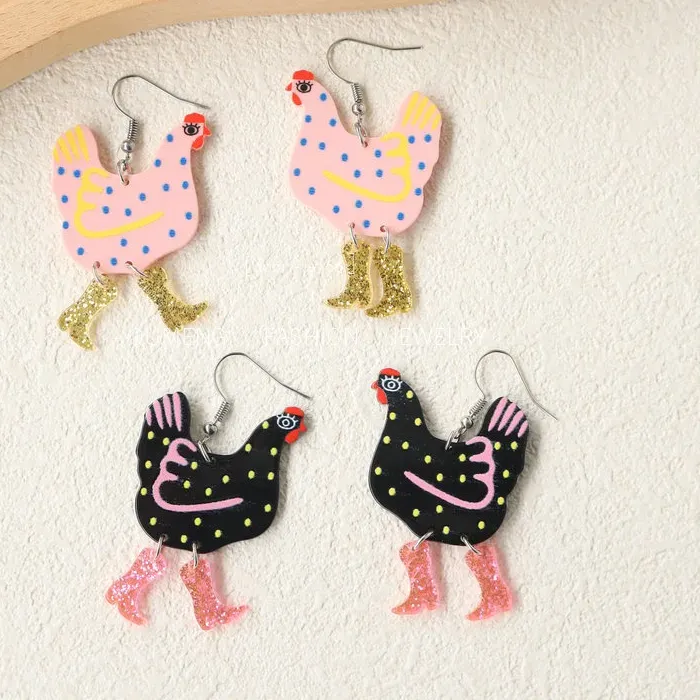 Authentic Fancy Chicken High Heels Boots Drop Earrings for Women Lady Colorful Acrylic Animal Dangle Hook Jewelry Cute Charm Stud Gifts