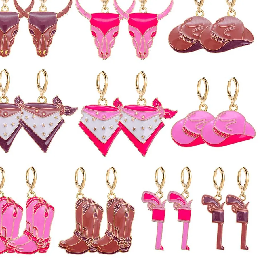 Authentic Vintage Cow Head Earrings Pink Trendy Creative Cowboy Boots Dropping Oil Earring Jewelry for Women Gifts