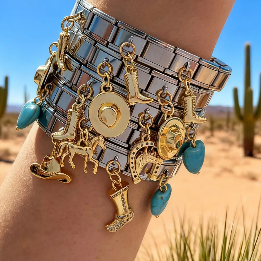 Authentic Vintage Western Italian Charm Bracelet 9mm Dangle Cowboy Boot Hat Horse Modular Links For Personalized