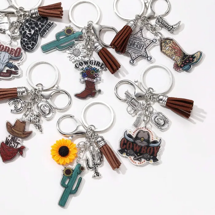 Authentic Classic Sunflower Bull Head Cactus Boots Acrylic Keychain Cool Cowboy Hat Key Ring For Men Boys Good Handmade Jewelry Set