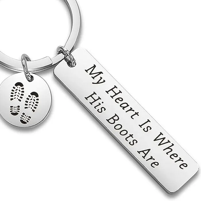 Authentic Military My Heart Is Where His Boots Are Army Keychain Deployment Jewelry For Soldier Military Wife / Mom