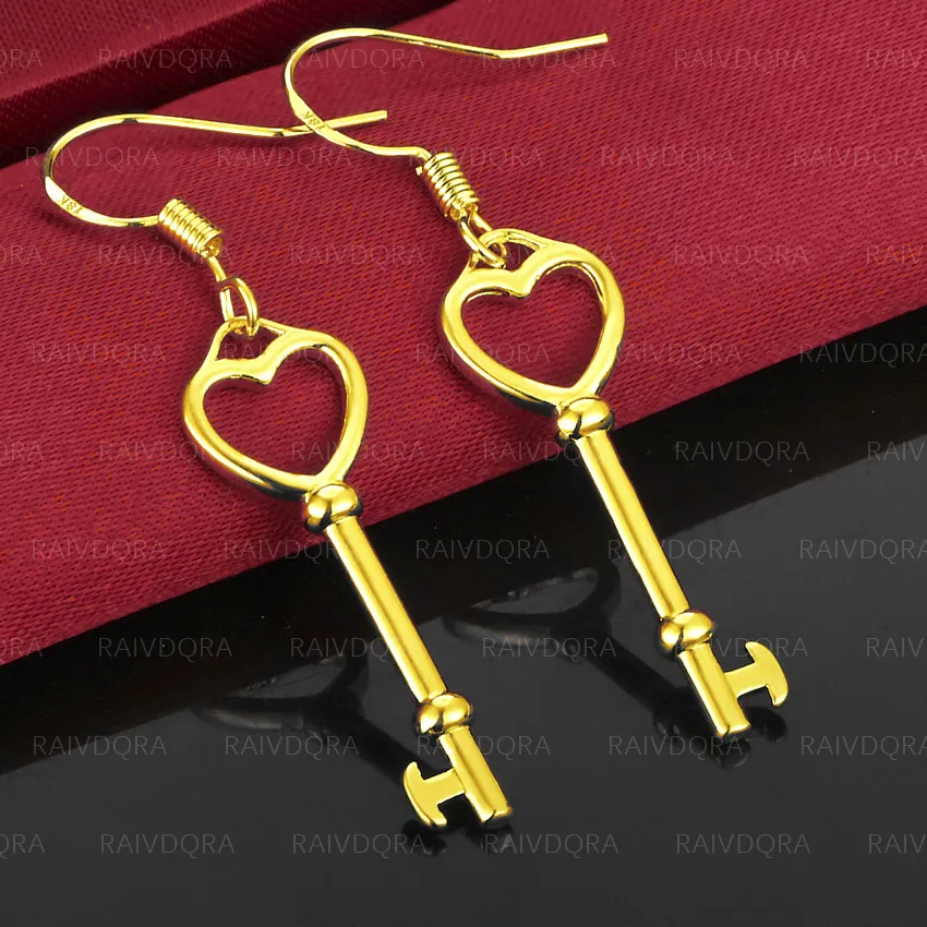 Authentic 18K Gold Plated Heart Key Drop Earrings For Women Jewelry Romantic Engagement Wedding Party Accessories