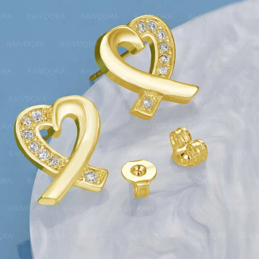Authentic 18K Gold Plated Zircon Heart Stud Earrings For Women Romantic Grace Jewelry Anniversary Wedding Accessories