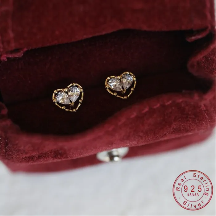 Authentic 925 Sterling Silver Plated 18K Gold Zircon Heart Earrings for Women Korean Cute Sweet Party Jewelry