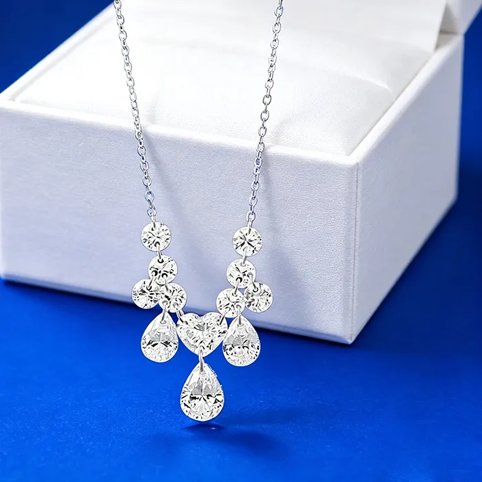 Authentic PT950 Platinum 18K Gold Plated Heart Water Drop Diamond Necklace Sparkling Clavicle Chain Bride Wedding Dating Jewelry