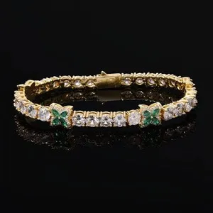 Authentic 4Ct Lab Created Emerald Men's Four-leaf Clover Bracelet 14K Yellow Gold Plated
