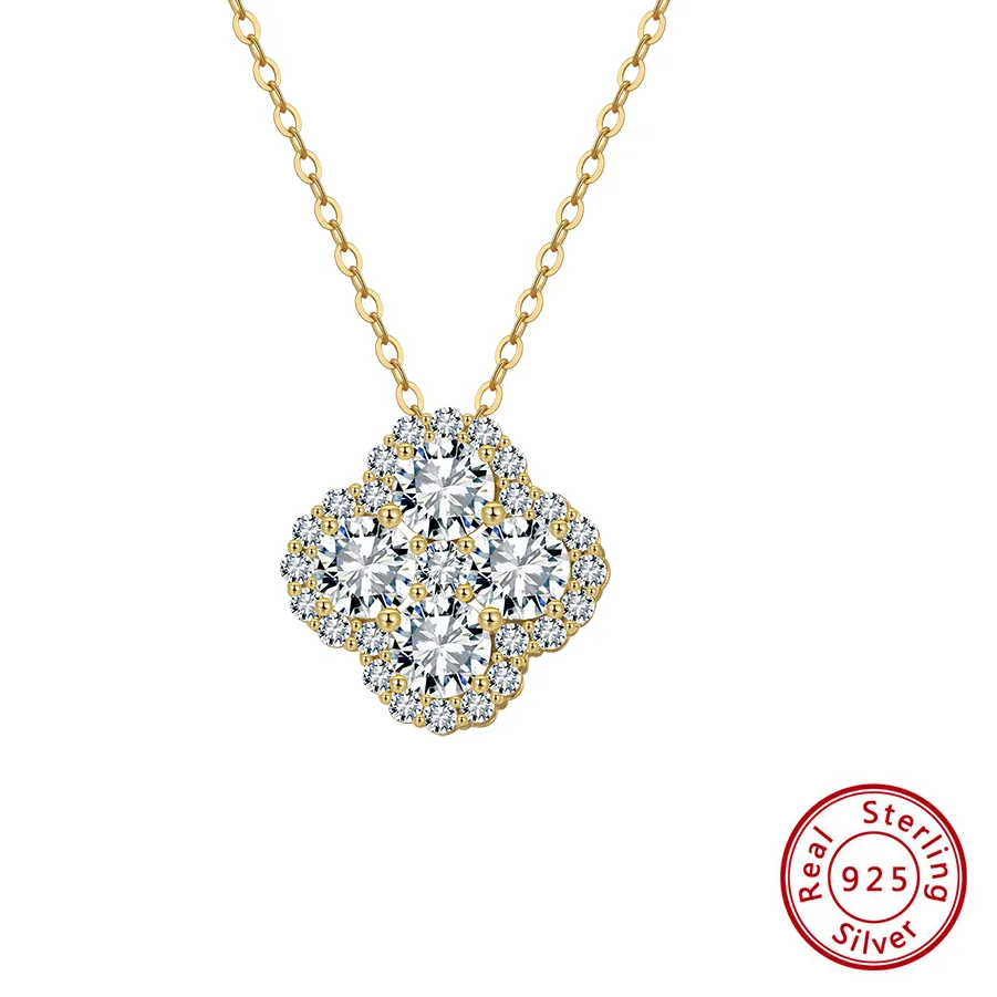 Authentic KISS MANDY 925 Sterling Silver Classic Four Leaf Clover Pendant Necklace Shiny Zircon Clover Chain Collar Jewelry SLZN28