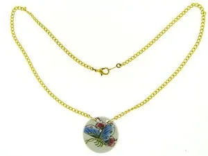 Authentic Vintage Gold Plated Thick Glaze Ceramic Colorful Butterfly Disc Station Necklace