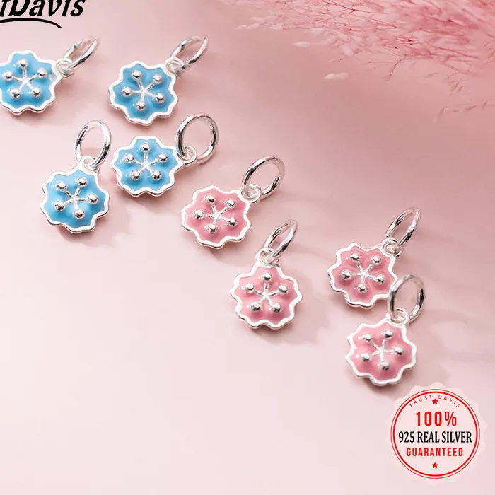 Authentic TrustDavis Real 925 Sterling Silver Sweet Glaze Pink Blue Flower Charm Pendant Handmade DIY Accessories Jewelry DZ93