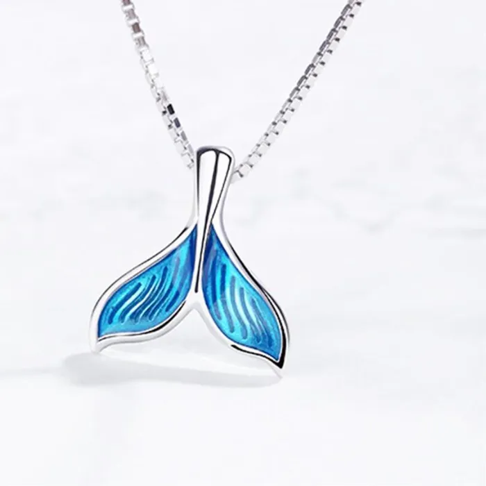 Authentic Sole Memory Cute Blue Dripping Glaze Mermaid Fishtail Whale 925 Sterling Silver Necklace For Women Jewelry Birthday NE440