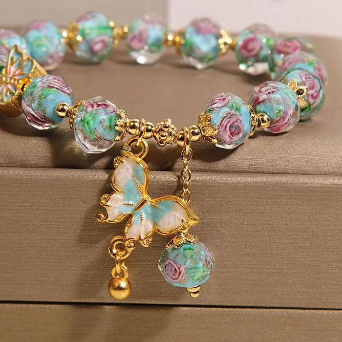 Authentic Chinese Rose Garden Blue Glaze Bracelet Women's Niche Light Luxury Gifts Butterfly Pendant Beads HandString High-end Jewelry